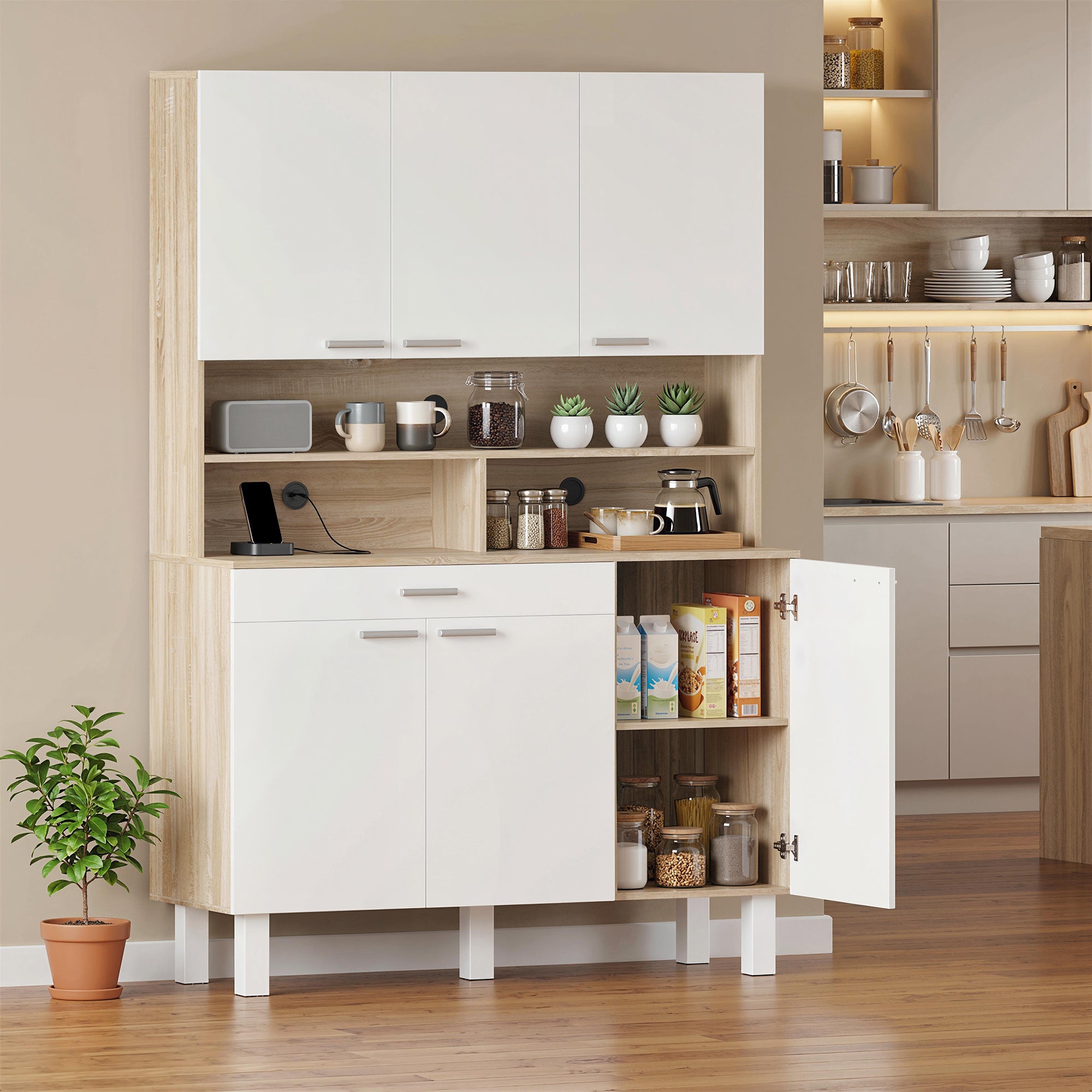 HOMCOM Kitchen Sideboard with Open Shelves, 4 Cabinets and Drawer, in Wood and Metal, 120x40x175 cm, White and Wood