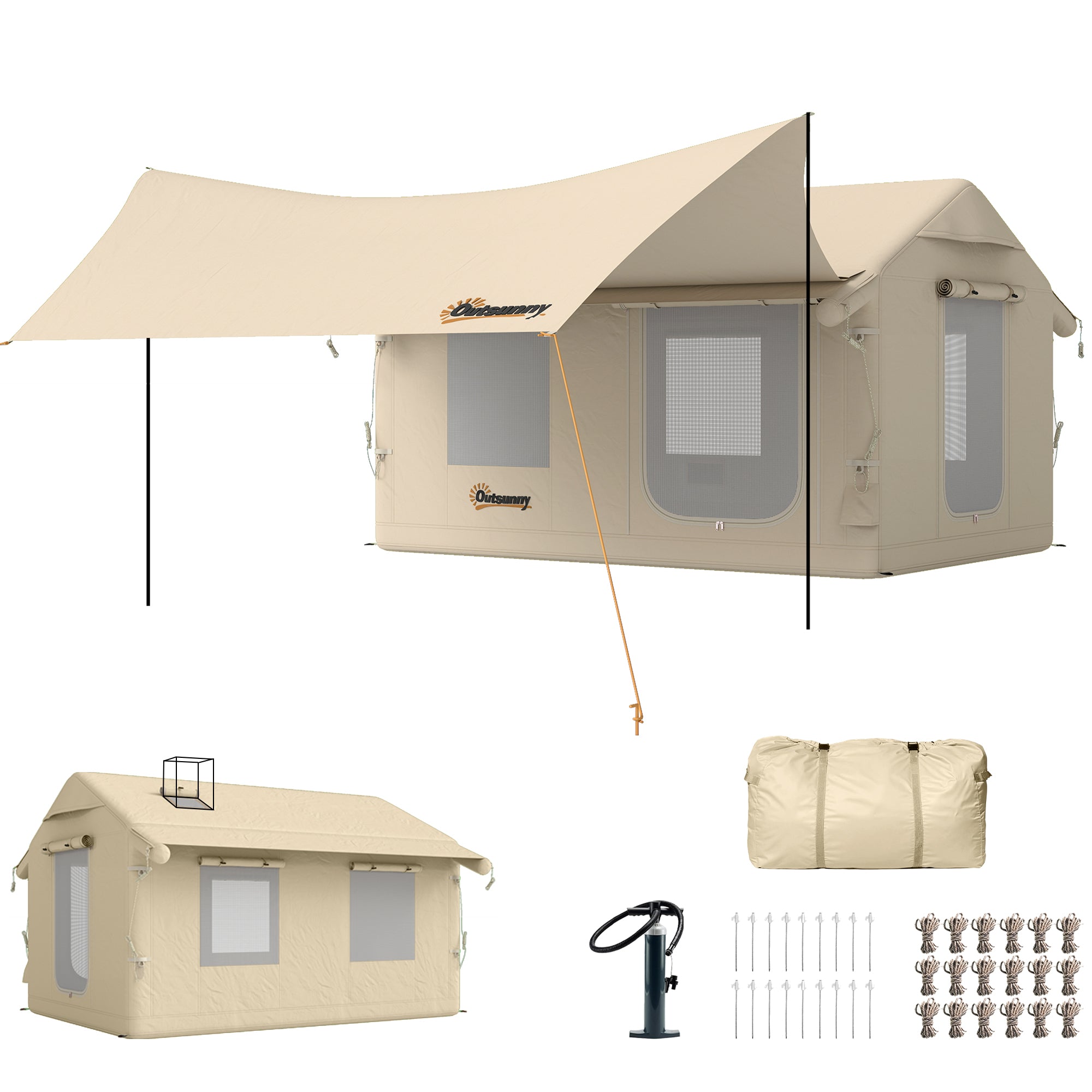 Outsunny Inflatable Camping Tent with Pump, 3000mm Waterproof and Windproof, Khaki