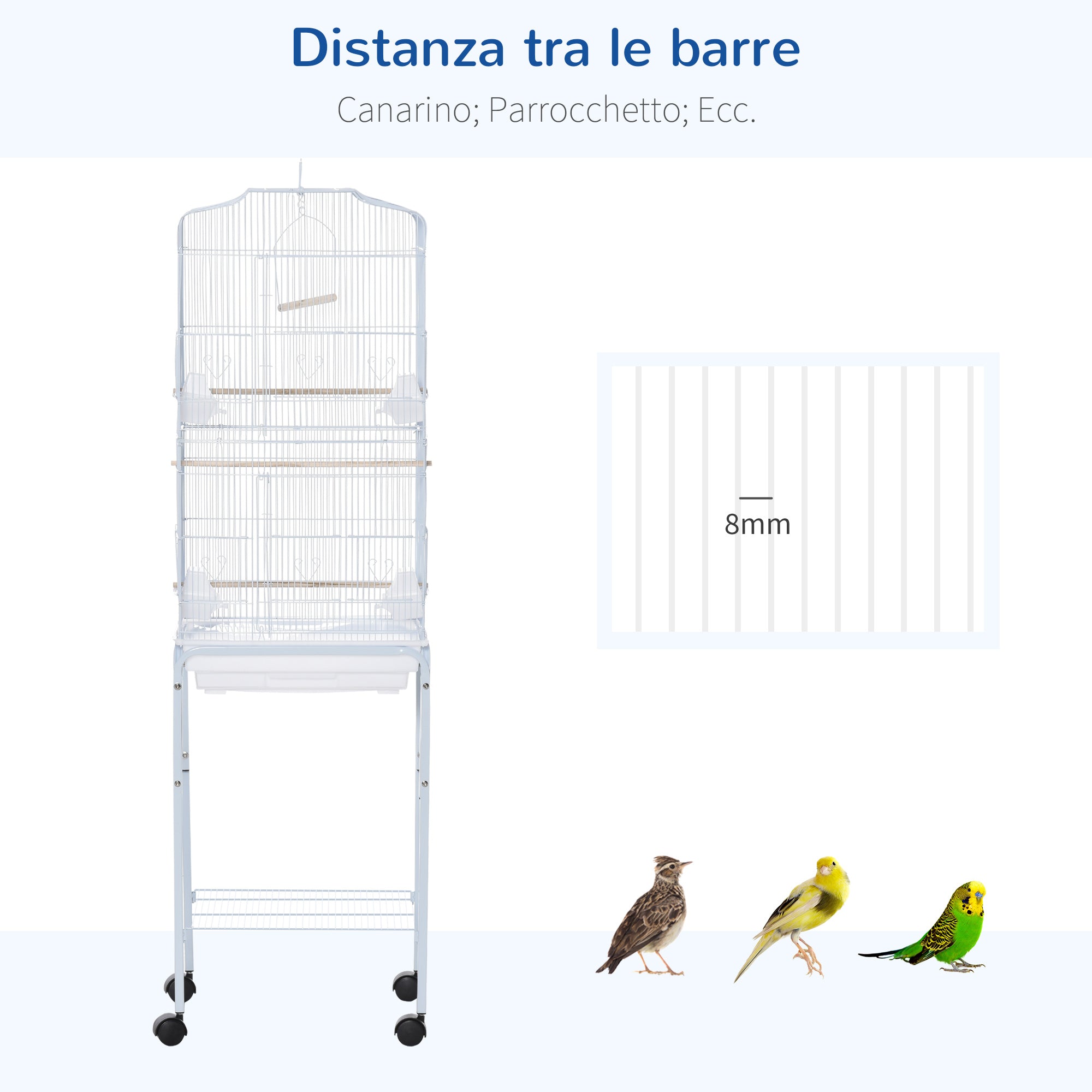 Bird Cage, Metal and Steel Aviary with Wheels, Perches and Bowls, 46.5x36x157cm, White