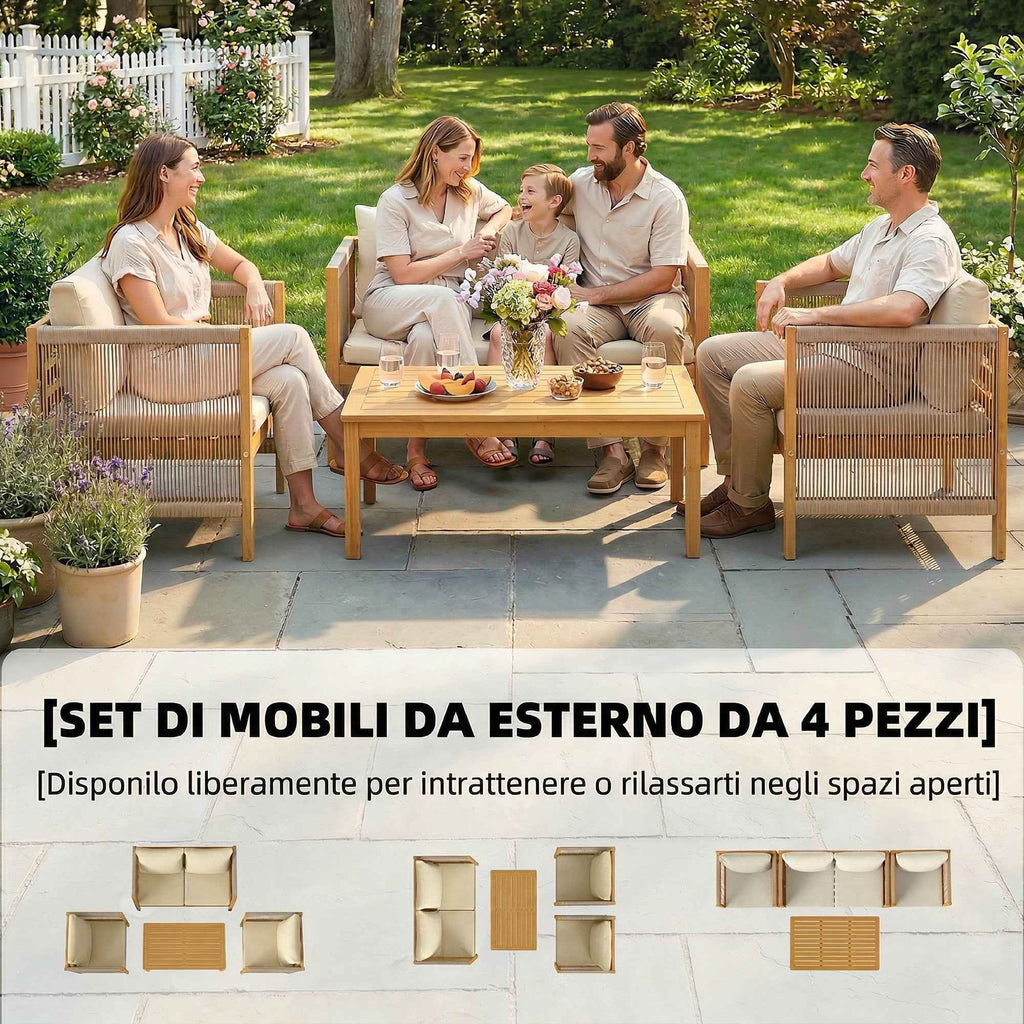Outsunny 4-Piece Garden Lounge Set with Sofa, 2 Armchairs with Cushions and Coffee Table in Acacia Wood