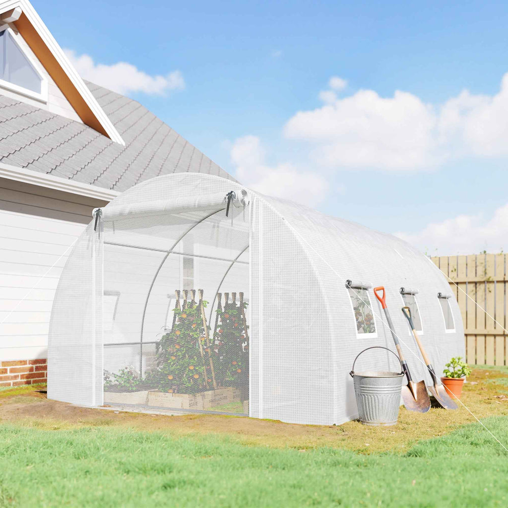 Outsunny Tunnel Greenhouse with 2 Removable Poles and Mesh Doors and Windows, in Galvanized Steel and PE, 396x300x200 cm, White