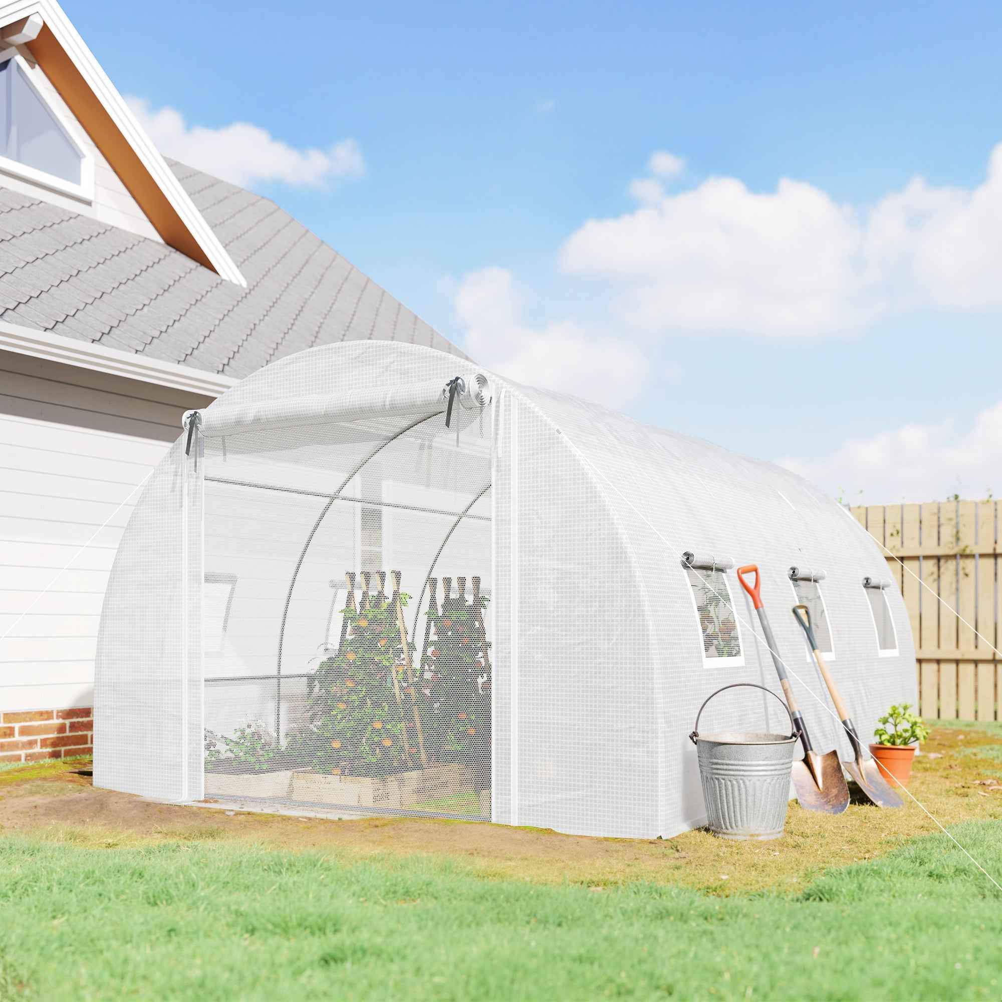 Outsunny Tunnel Greenhouse with 2 Removable Poles and Mesh Doors and Windows, in Galvanized Steel and PE, 396x300x200 cm, White