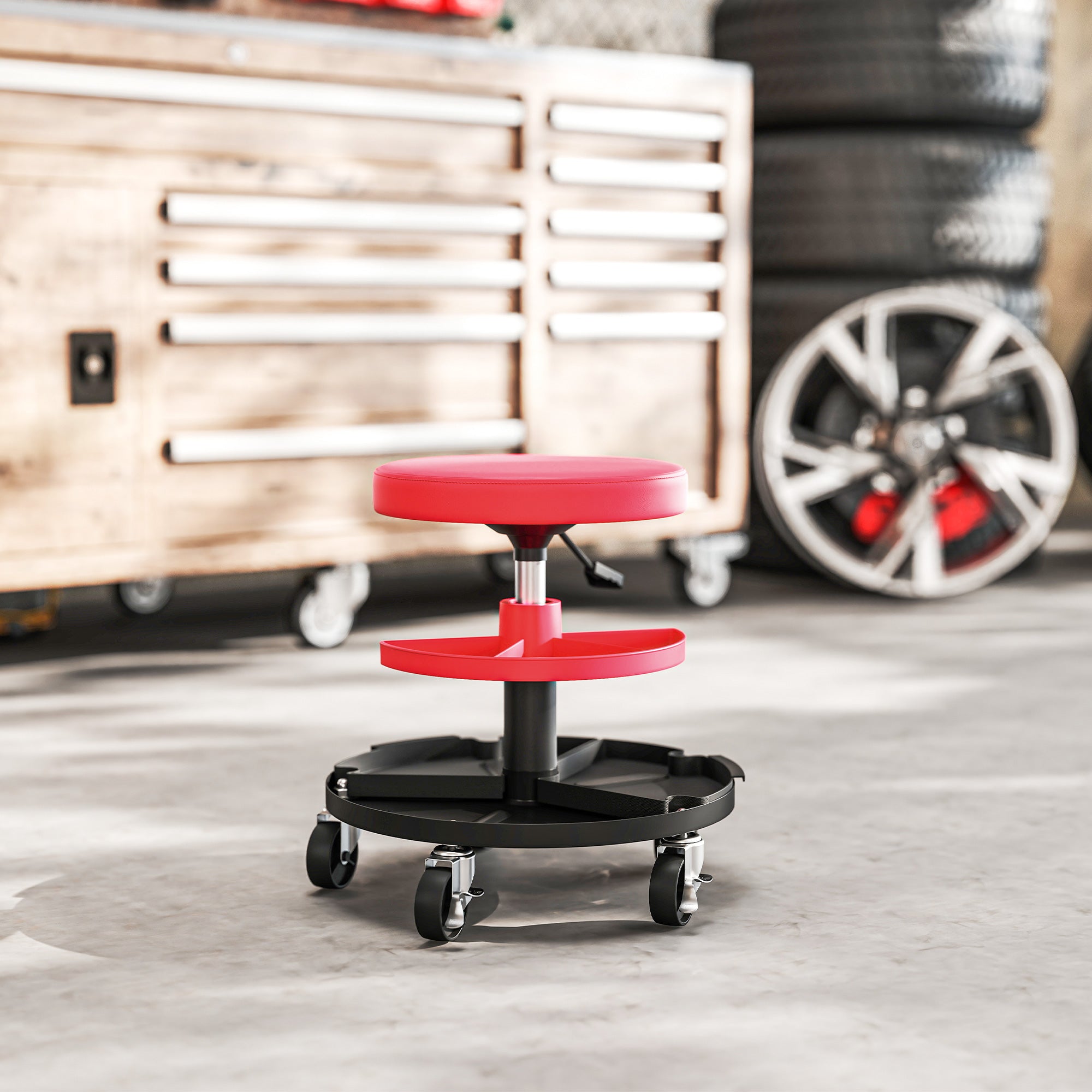 HOMCOM Workshop Stool with 6cm Wheels, Capacity up to 135kg, Adjustable Height 40-51cm, with Tool Trays, Red