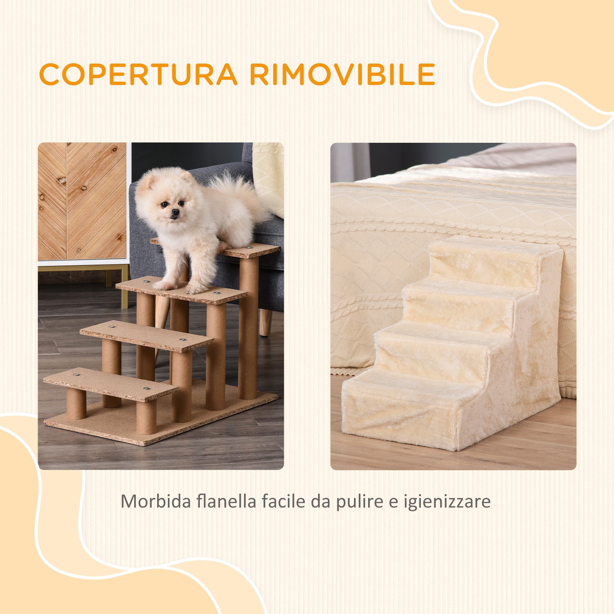 Portable 4-Step Dog Stairs, Removable Flannel and Chipboard, 60x35x44 cm, Beige