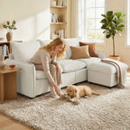 3-Seater Modular Corner Sofa in Breathable Leather-Effect Fabric with Storage, Footrest, Cushions, Cream