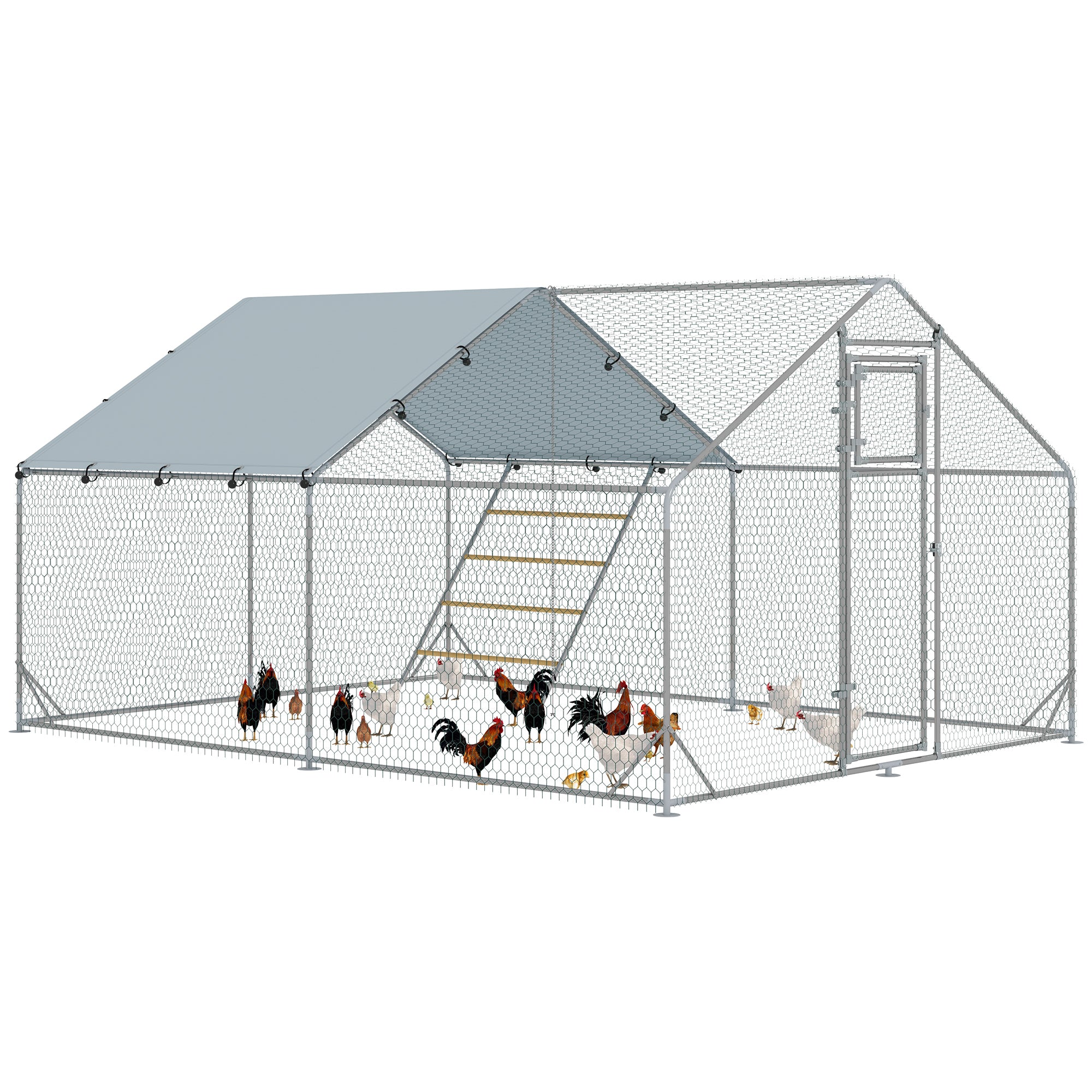 12m² Chicken Run for 12-18 Animals with Waterproof Roof, Feeder and Perch, 3x4x1.9m, Silver