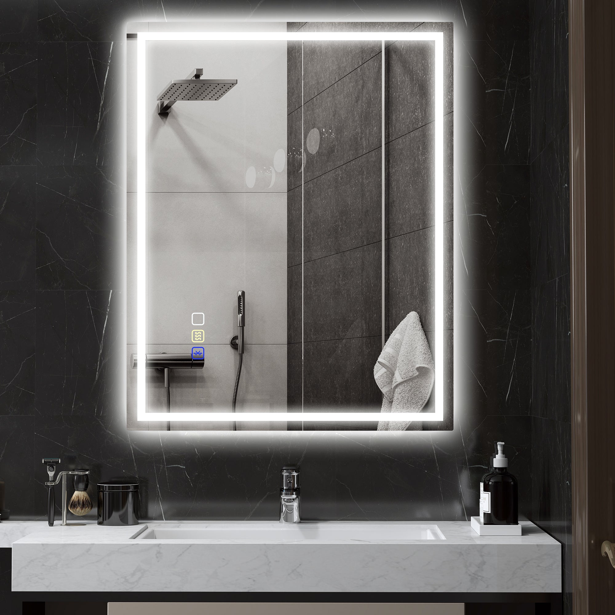 Anti-Fog Bathroom Mirror with Adjustable LED Light, Bluetooth Speaker, Touch Buttons, 80x100cm
