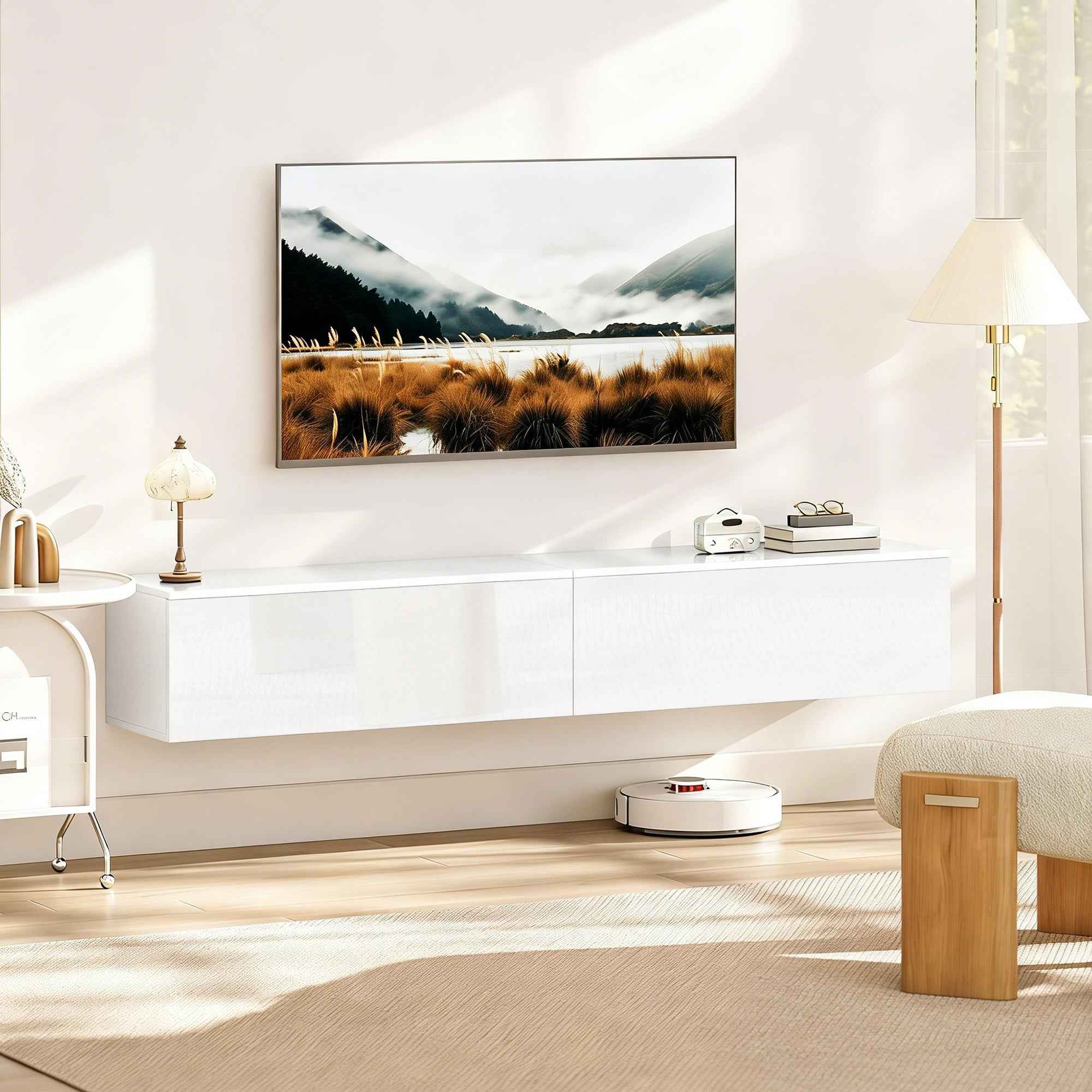 HOMCOM Wall-Mounted TV Stand for up to 75" with Pressure-Close Doors, 180x33x30 cm, Gloss White