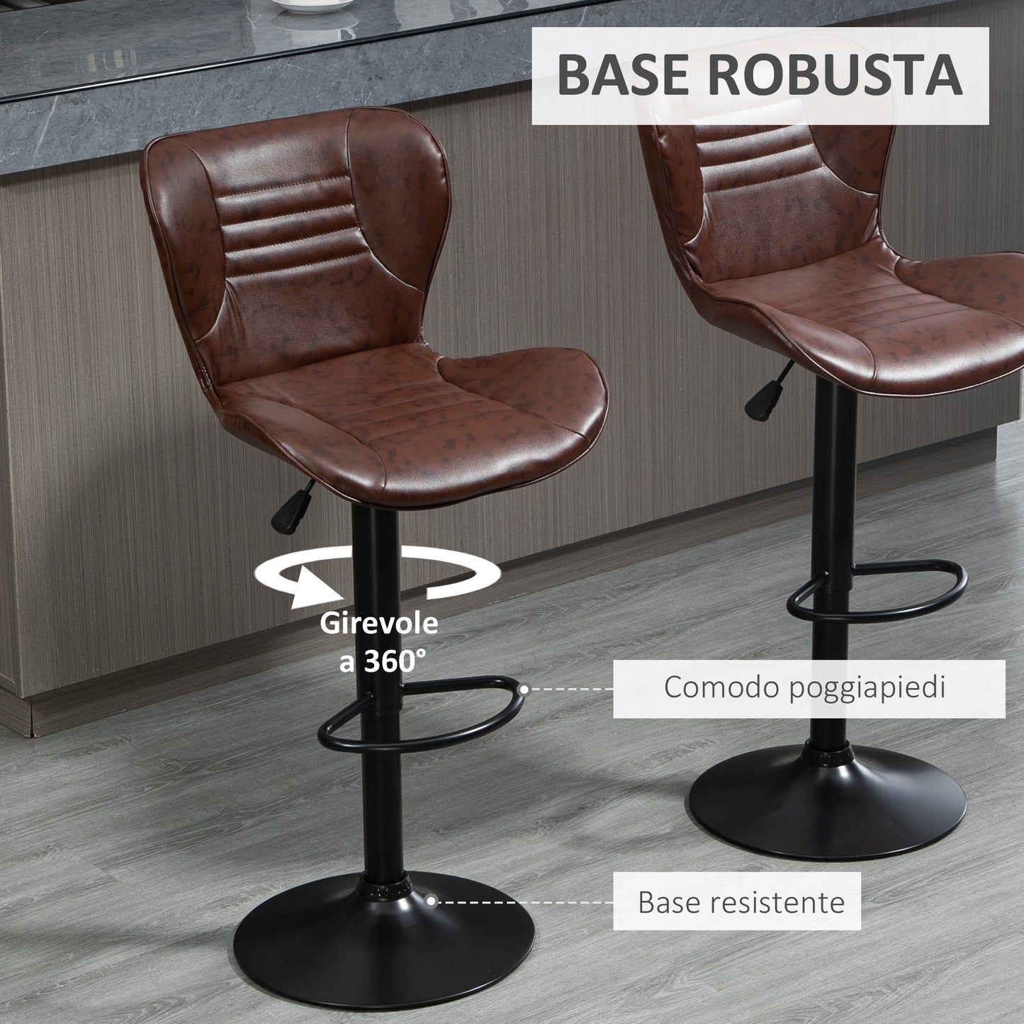 Set of 2 Faux Leather Bar Stools with Adjustable Height, Swivel Seat and Footrest, Brown