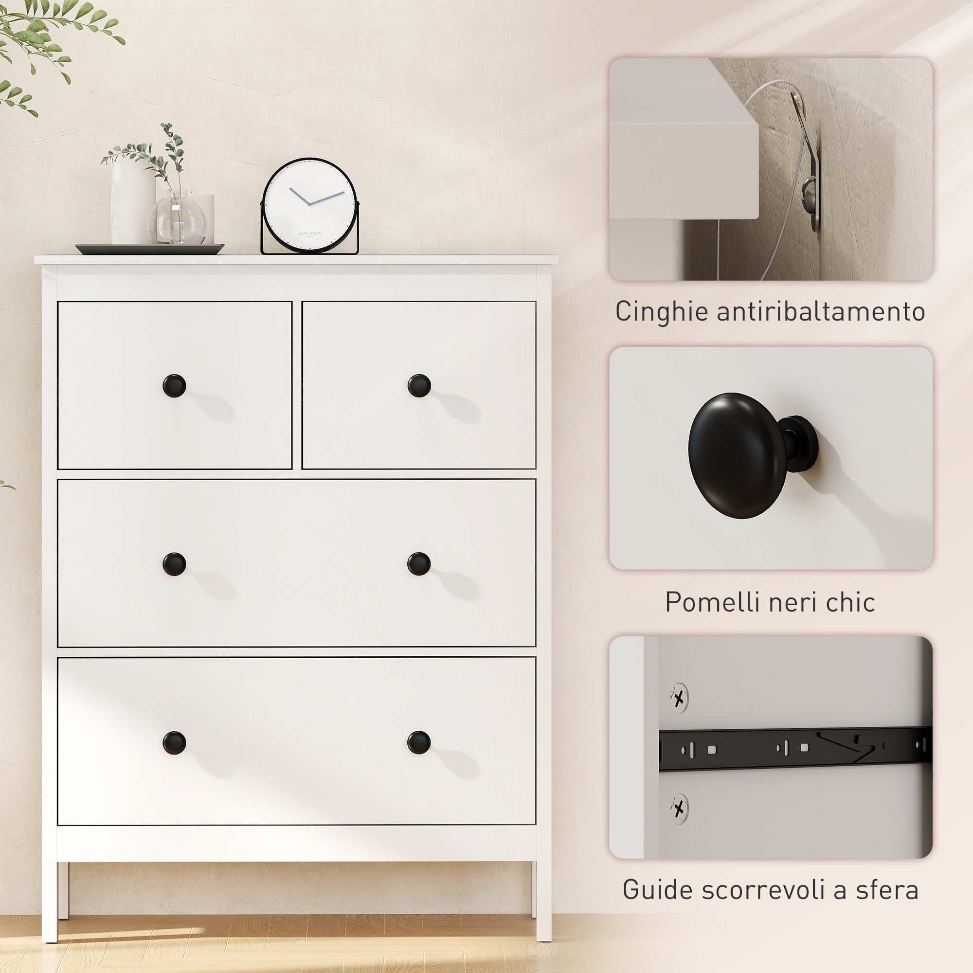 4-Drawer Chest of Drawers for Bedroom and Entrance Multipurpose Wooden, 74x35x97 cm, White