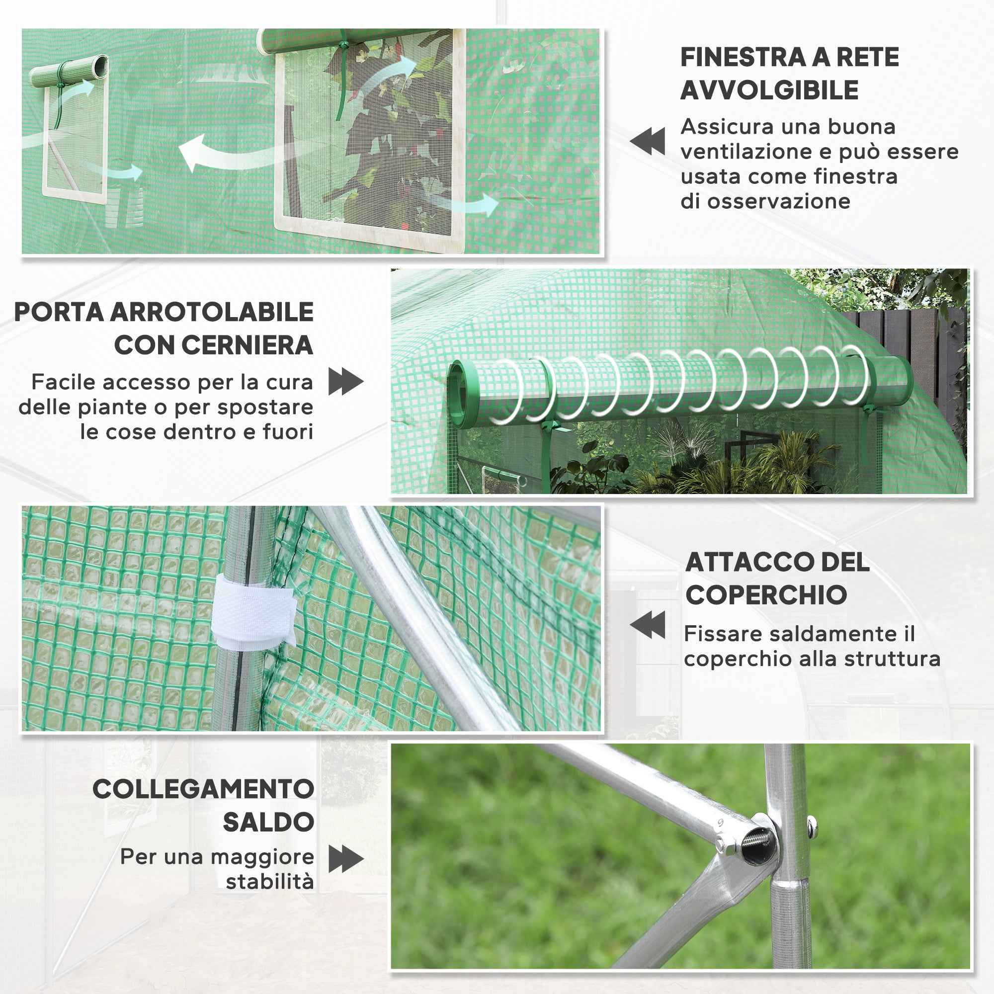 Outsunny UV-Proof Tunnel Greenhouse with 6 Mesh Windows and Roll-Up Entrance, Metal and PE, 4x2x2 m, Green