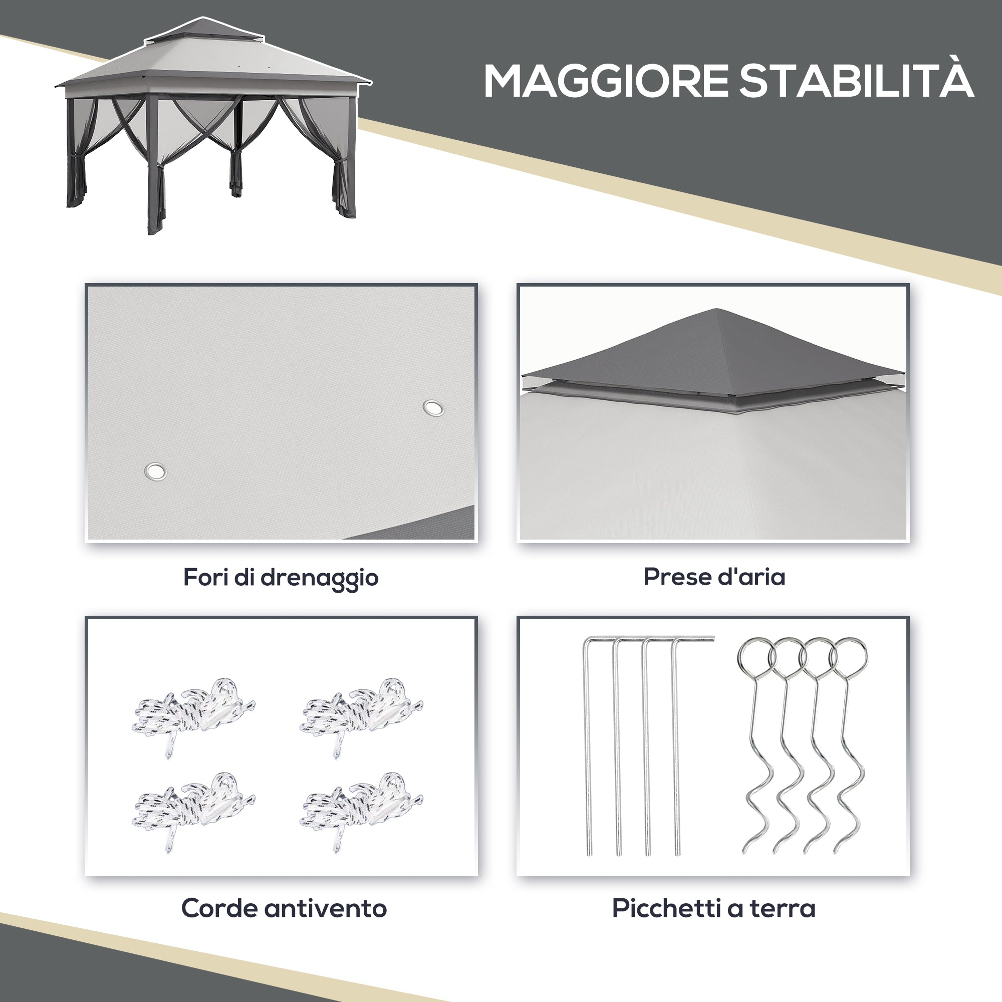 Gazebo with Mosquito Nets Adjustable on 3 Levels, in Steel and Oxford Fabric, 326x326x272 cm, Light and Dark Grey