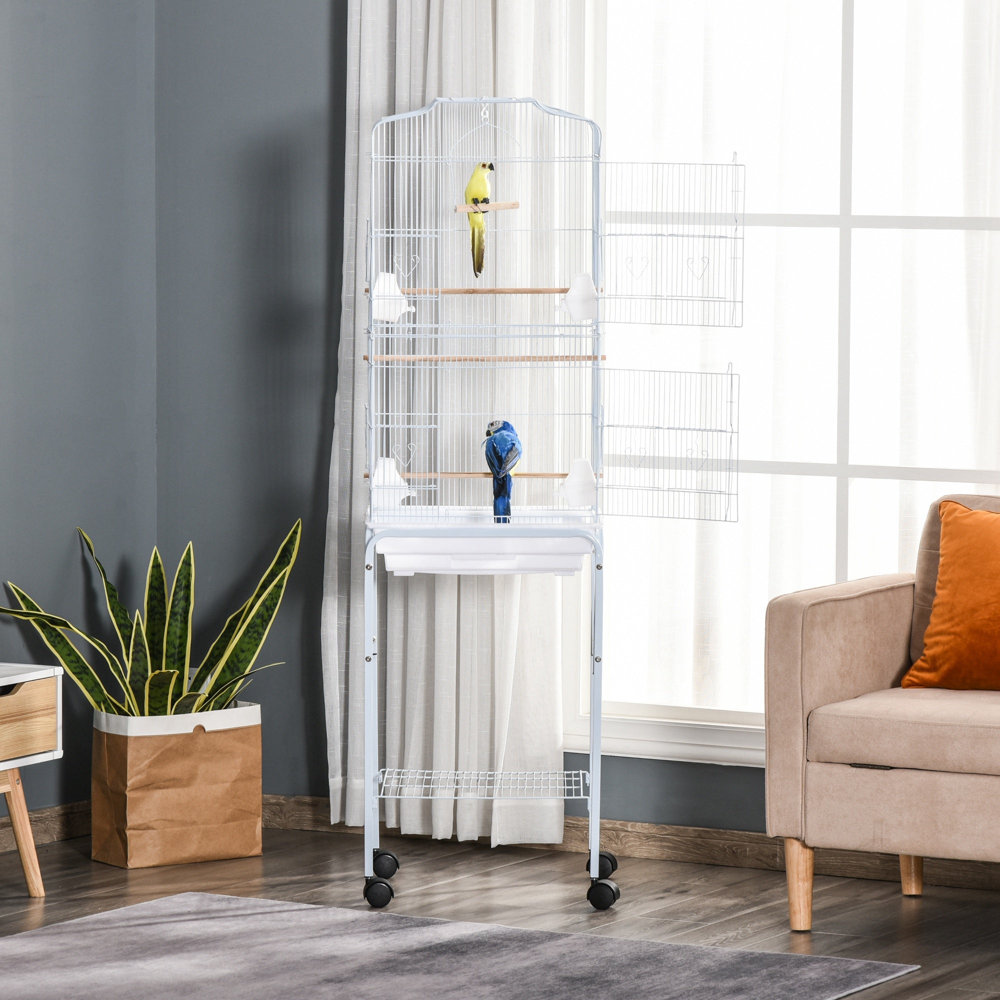 Bird Cage, Metal and Steel Aviary with Wheels, Perches and Bowls, 46.5x36x157cm, White