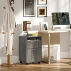 4-Wheel File Cabinet with Open Shelf and Drawers, Wood and Metal, 40x35x60 cm, Grey