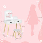 Children's Dressing Table Set with Makeup Table and Stool, Mirror and 2 Drawers, White and Wood Color