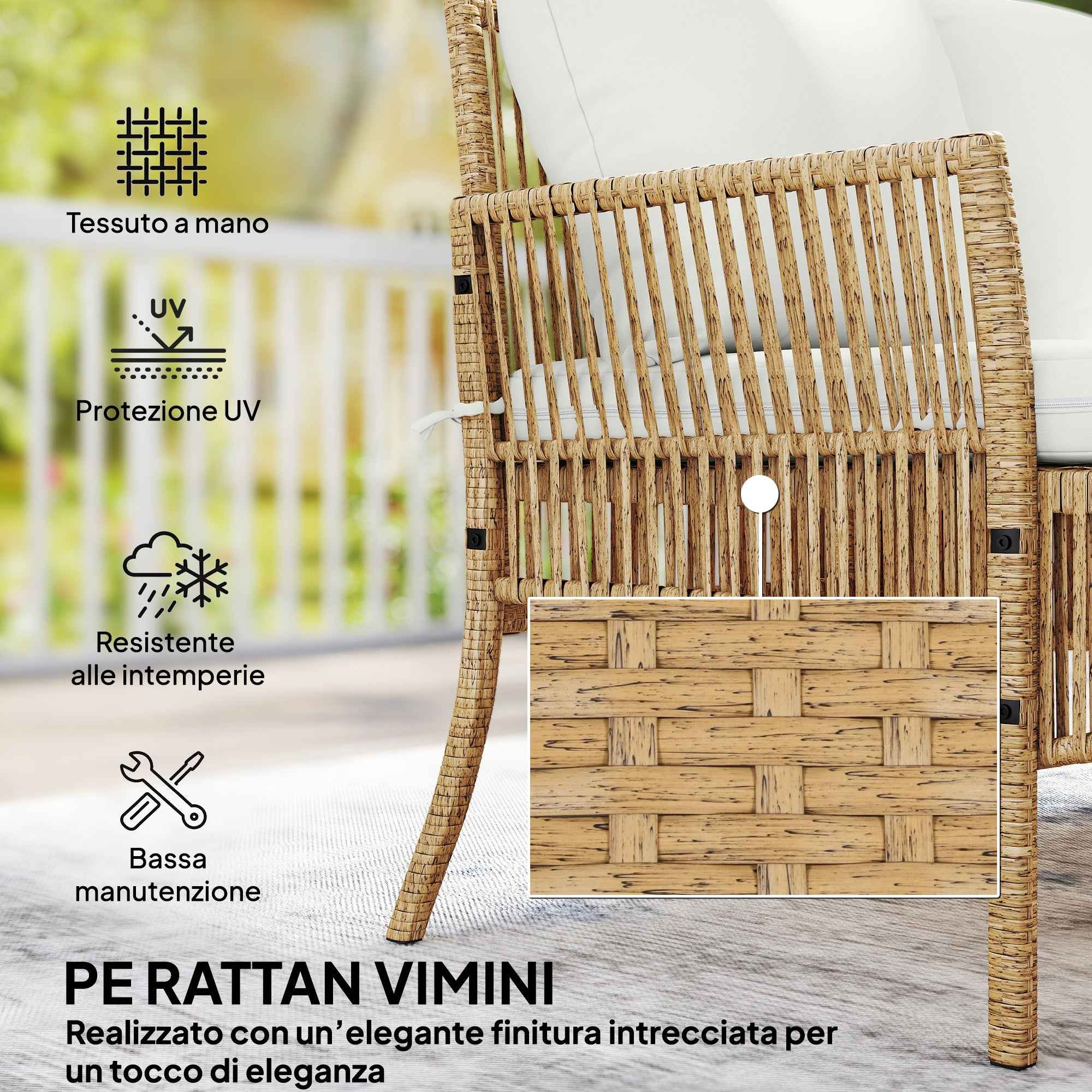 Outsunny 3-Piece Garden Set with Sofa, Chaise Longue and Coffee Table, Steel and PE Rattan, Cream