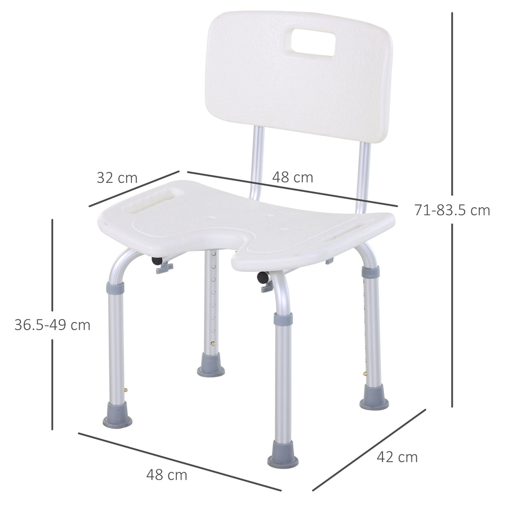 8-Level Adjustable Shower Chair with Drainage Holes, Aluminum and PE, 48x42x71-83.5 cm, White and Silver