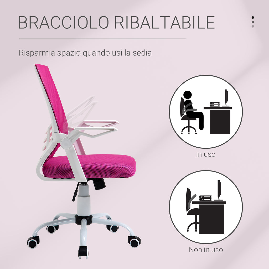 Ergonomic Office Chair with Lumbar Support, Folding Armrests, Breathable Mesh Swivel Desk Chair with Reclining Backrest and Adjustable Height, 120kg Capacity, Pink