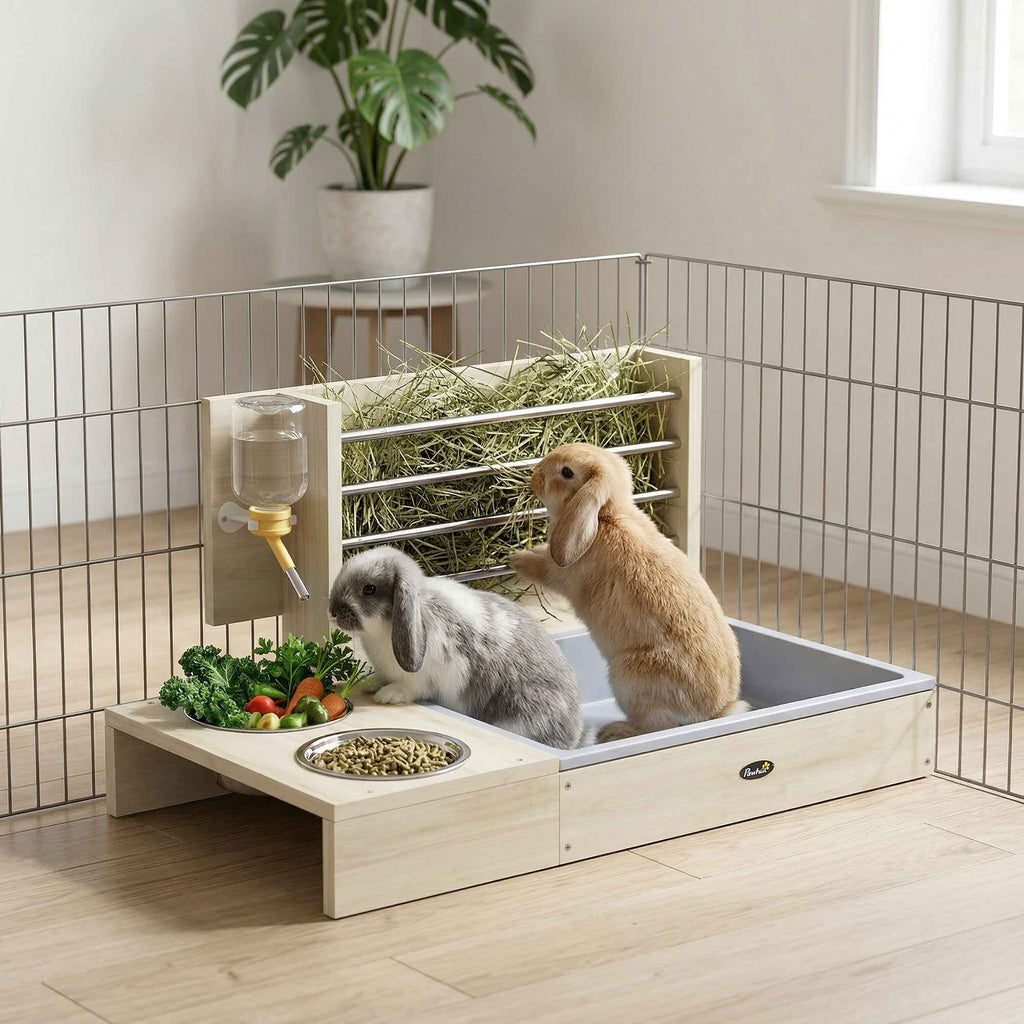 PawHut Hay Feeder with Hay Rack and Litter Box, Feeding Station, Natural Wood Color