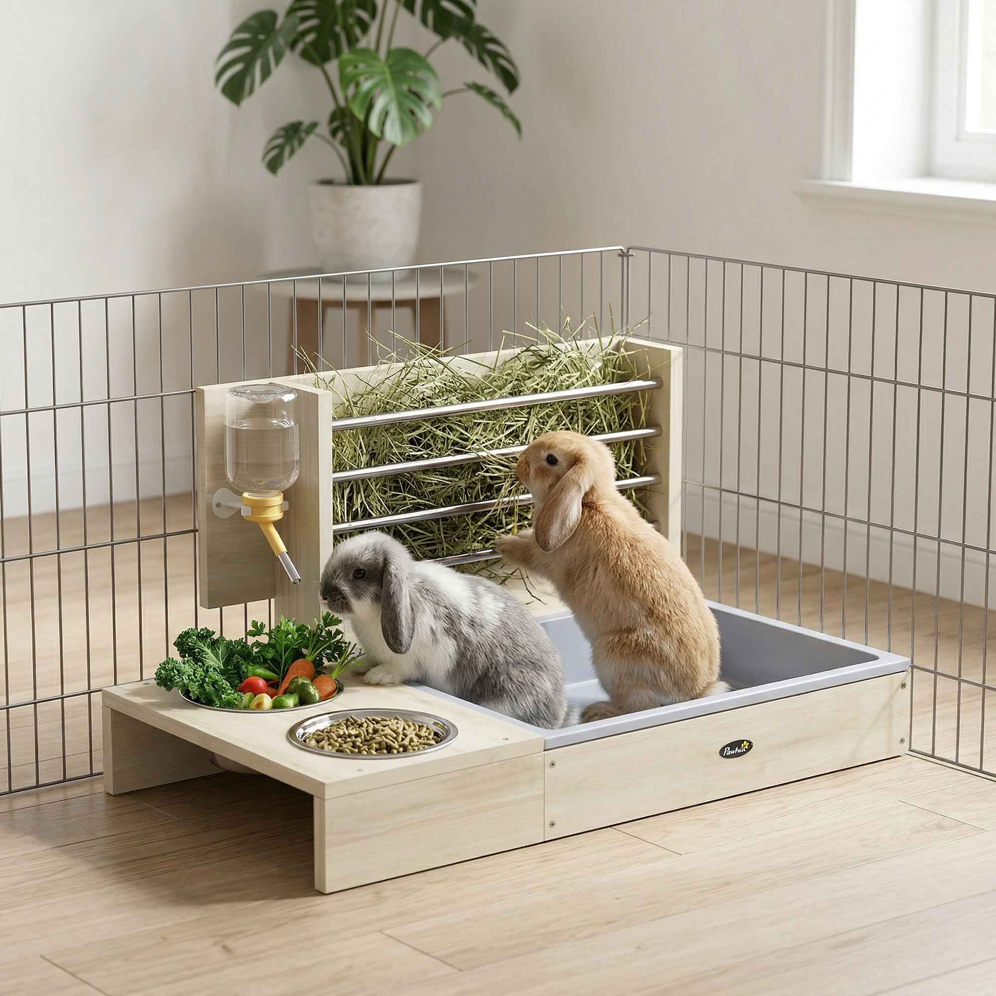 PawHut Hay Feeder with Hay Rack and Litter Box, Feeding Station, Natural Wood Color
