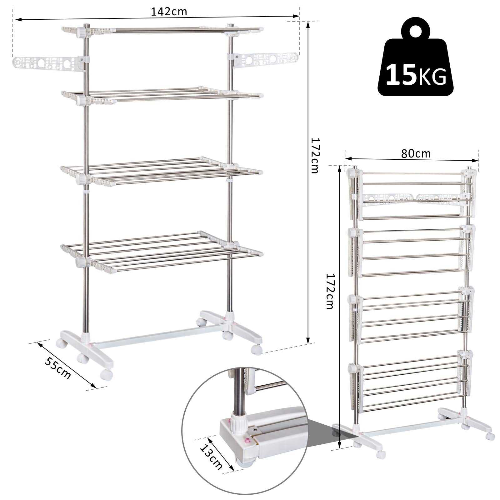 HOMCOM Vertical Folding Drying Rack in Steel and Plastic with 6 Wheels and 4 Adjustable Shelves, 142x55x172 cm - Borgè