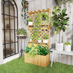Planter with Trellis for Climbing Plants, Drainage Holes and 2 Shelves, in Fir Wood, 76x33x177 cm