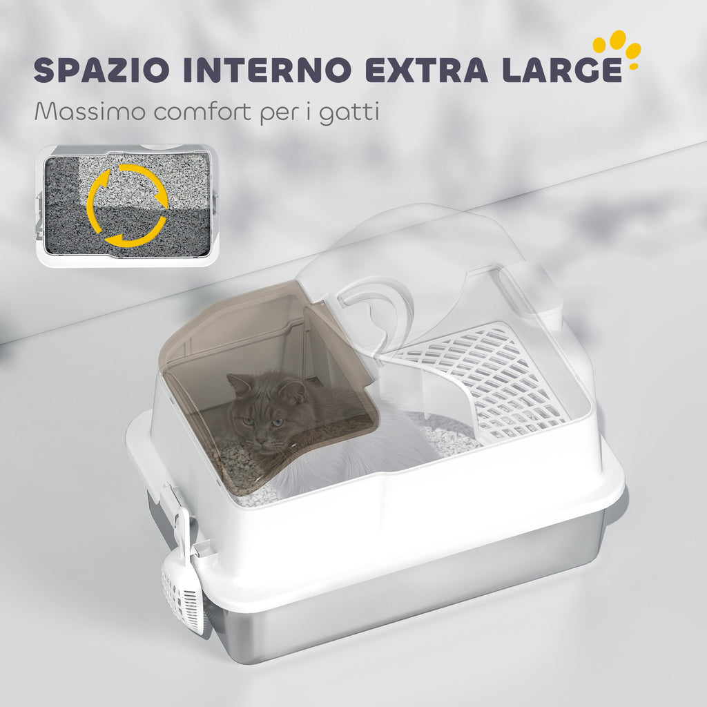 Enclosed Cat Litter Box with 2 Mats, Stainless Steel, ABS and PP, 60.5x40.5x42 cm, White and Silver