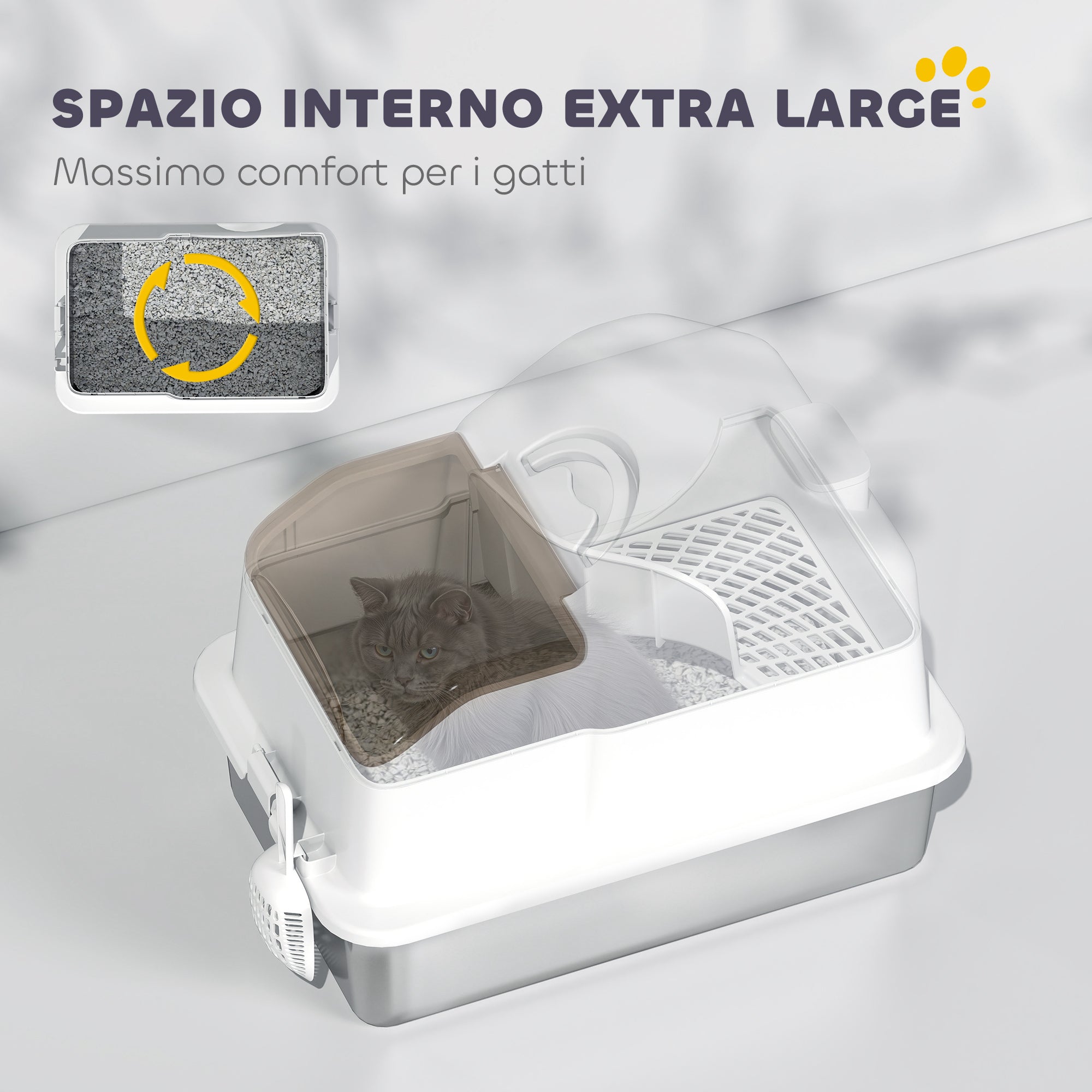 Enclosed Cat Litter Box with 2 Mats, Stainless Steel, ABS and PP, 60.5x40.5x42 cm, White and Silver