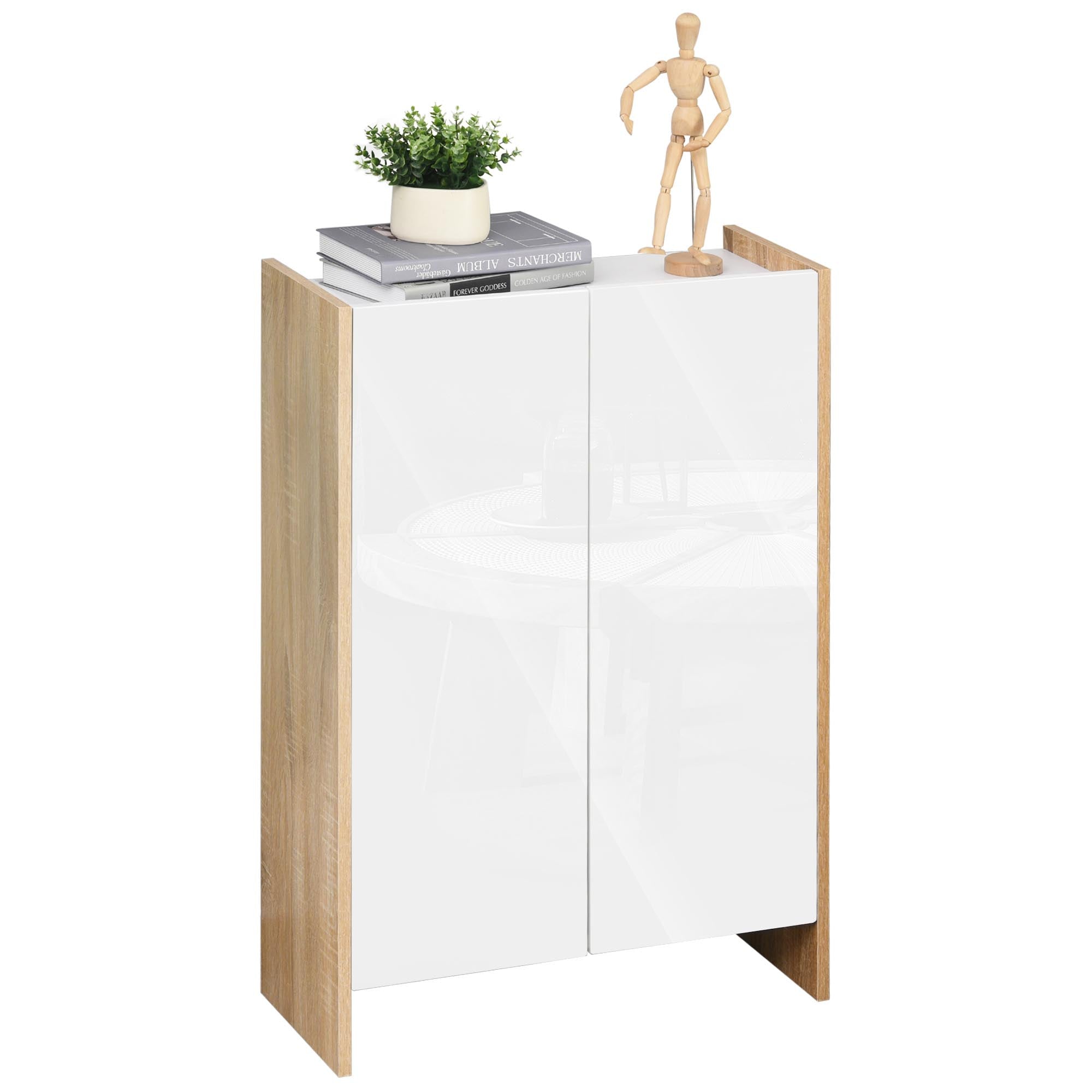 Two-Door Bathroom Cabinet, Oak and White Wooden Entryway or Bedroom Cabinet, 60 x 25 x 90cm