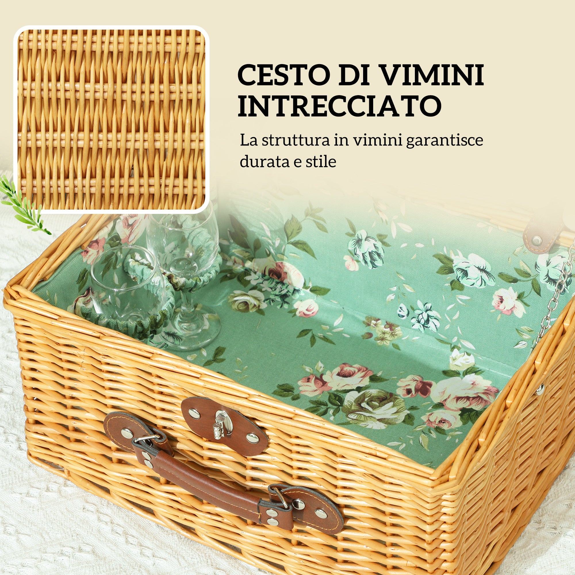Wicker Picnic Basket for 2 People with Plates, Goblets, Corkscrew and Cutlery, 40x30x20 cm, Brown