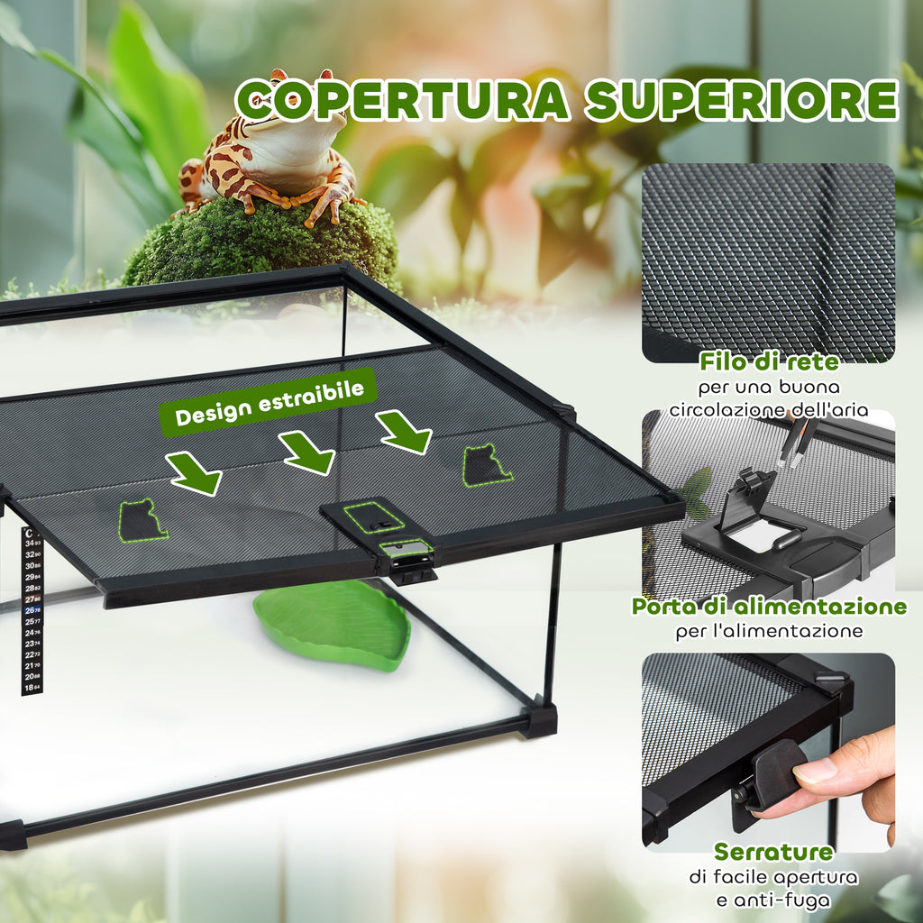 Raised Terrarium for Reptiles with Lock and Thermometer, in Glass and Metal Mesh, 50x30x25 cm, Black