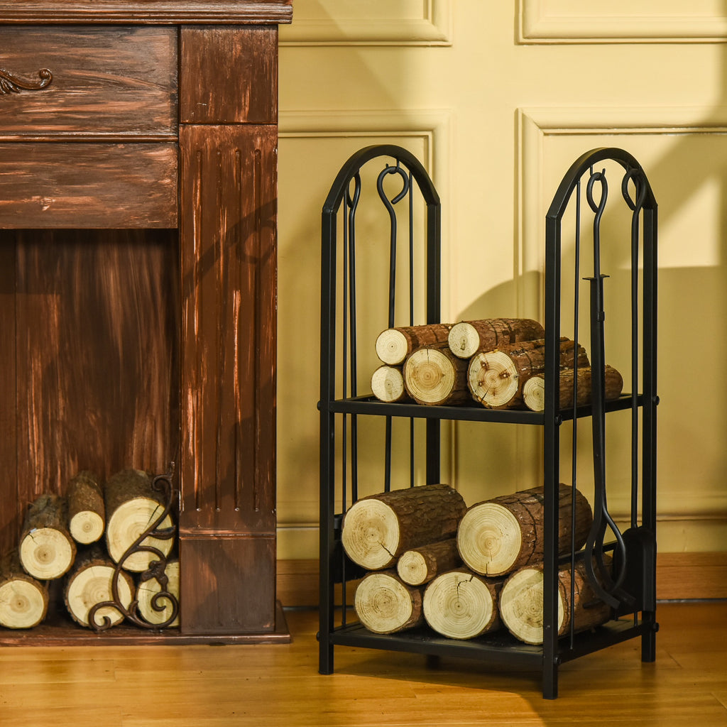 Metal Firewood Rack with Shovel, Broom, Poke Utensil and Tongs, 41.5x32. 5x74. 5 cm, Black