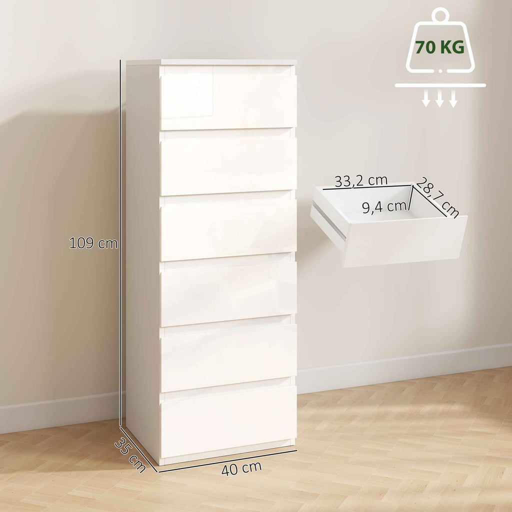 HOMCOM Slim Dresser, 6 Drawers, Gloss Finish, Bedroom, White