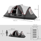 6 Person Camping Tent with 2 Separate Rooms, Polyester and Fiberglass, 450x215x180 cm, Grey
