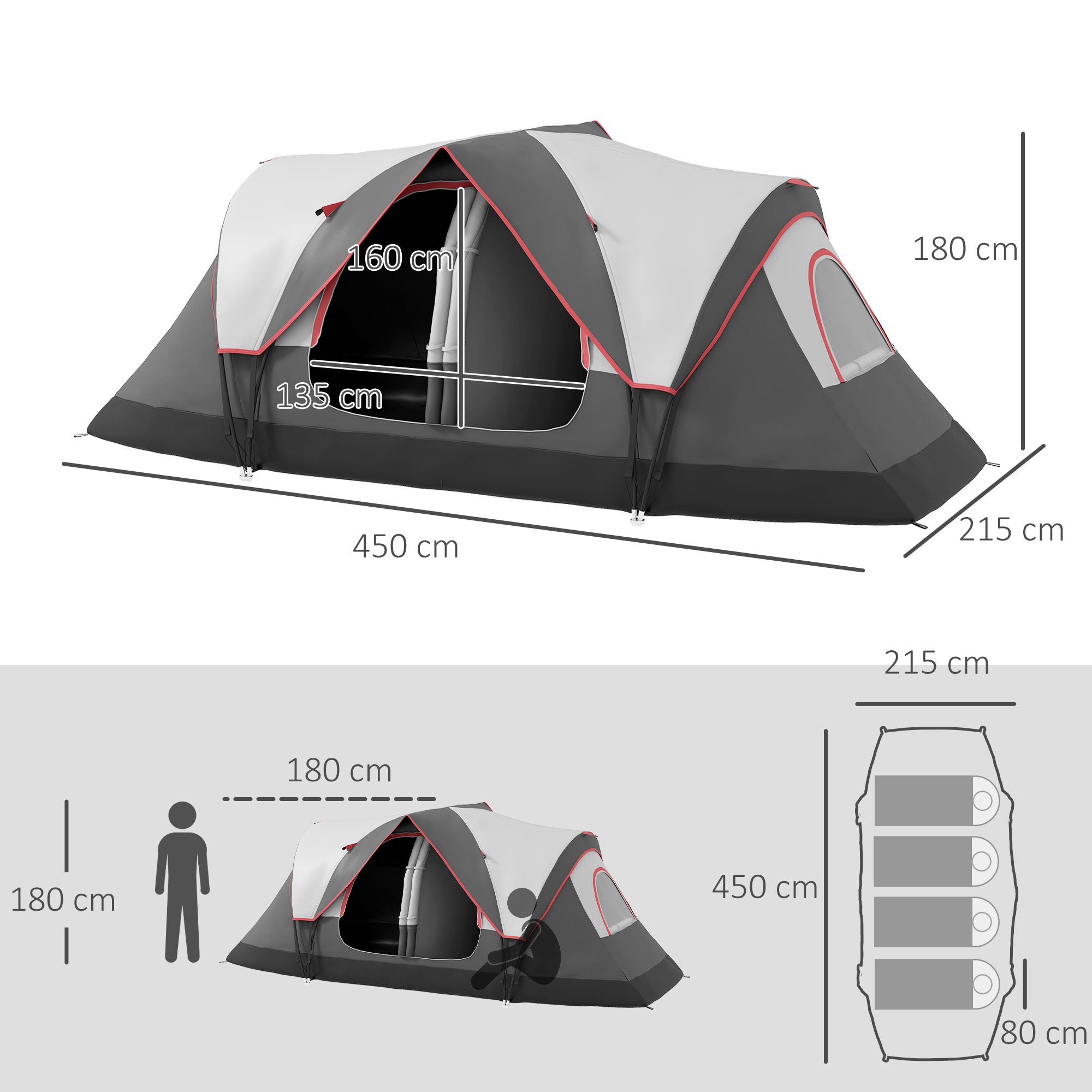 6 Person Camping Tent with 2 Separate Rooms, Polyester and Fiberglass, 450x215x180 cm, Grey