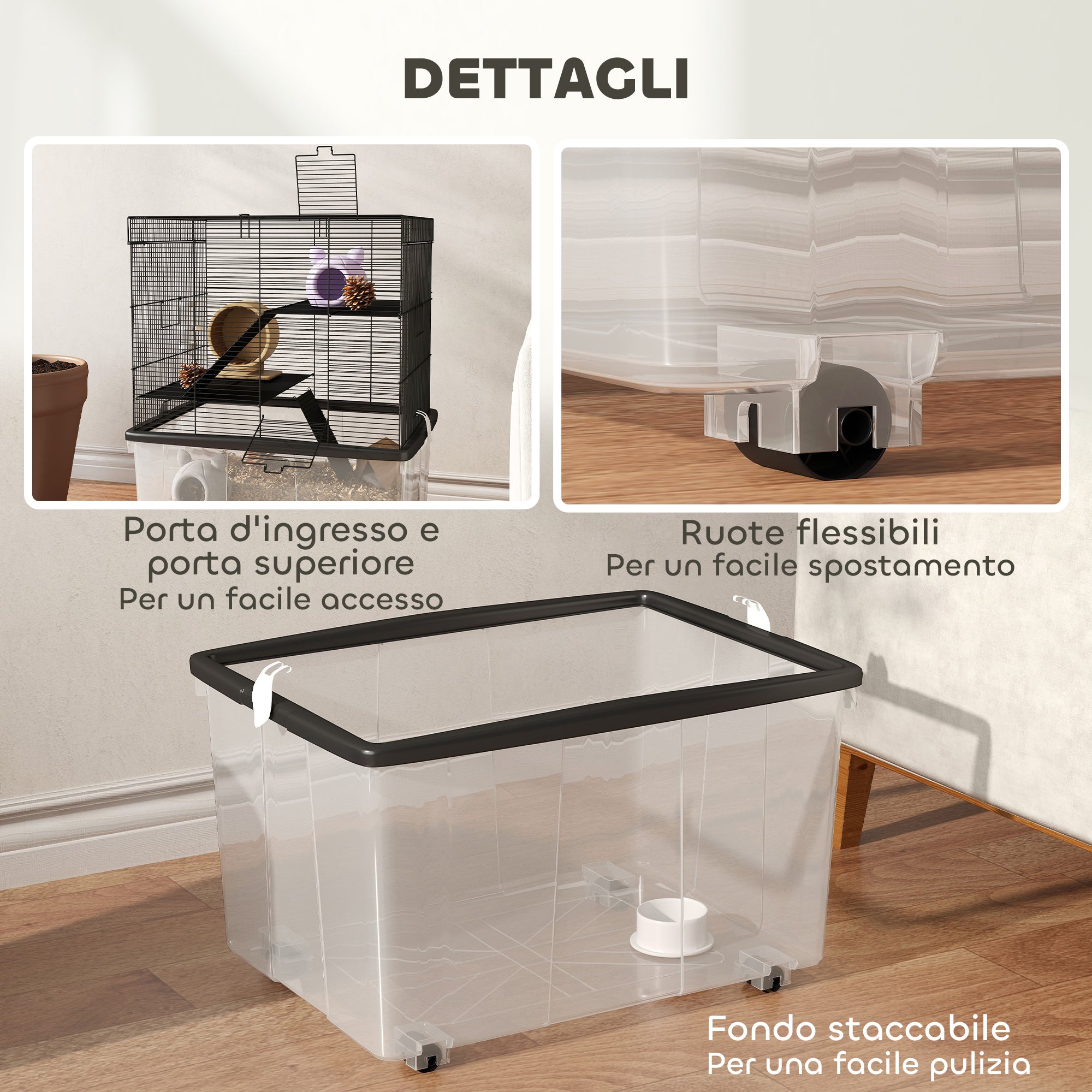 Hamster Cage 3 Floors with Wheels, 2 Platforms, Ramps, Bowl and Bottle, 58x43x74 cm, Black