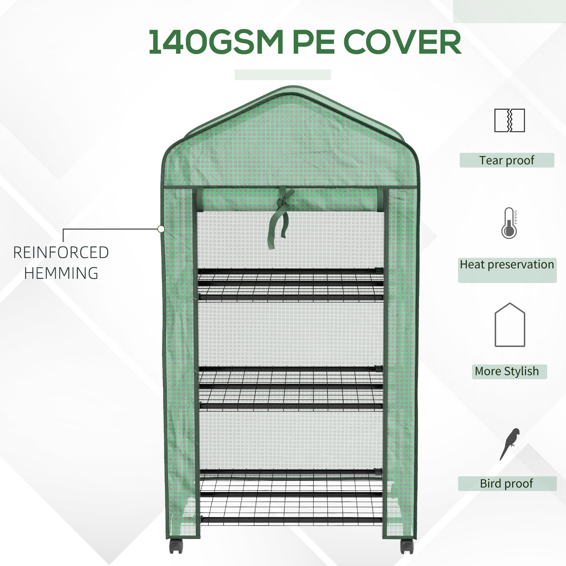 Outsunny Mini Garden Greenhouse with PE Cover, 3 Shelves and Wheels, 69x49x130cm, Green - Borgè