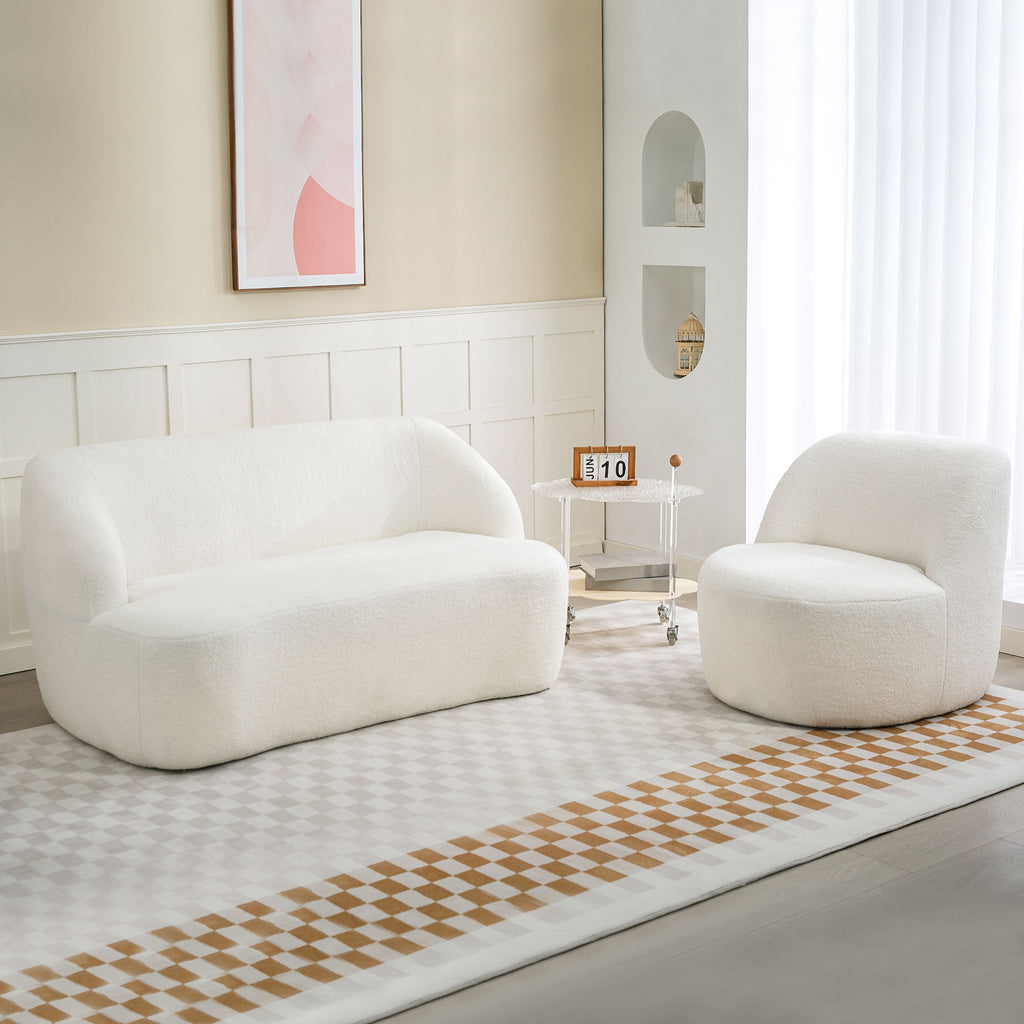 Ergonomic Backrest Lounge Chair in Sherpa Fabric and Foam, 73x82x71 cm, Cream White