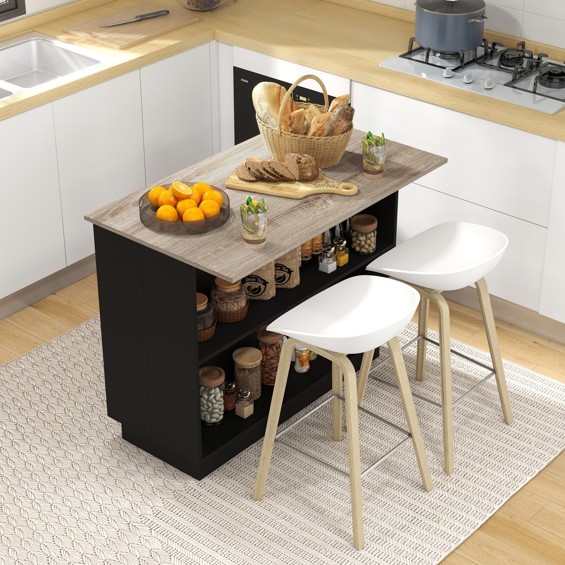 HOMCOM Kitchen Island with 2 Open Shelves and 2 Cabinets, in MDF, 105x60x82 cm, Oak and Black color - Borgè