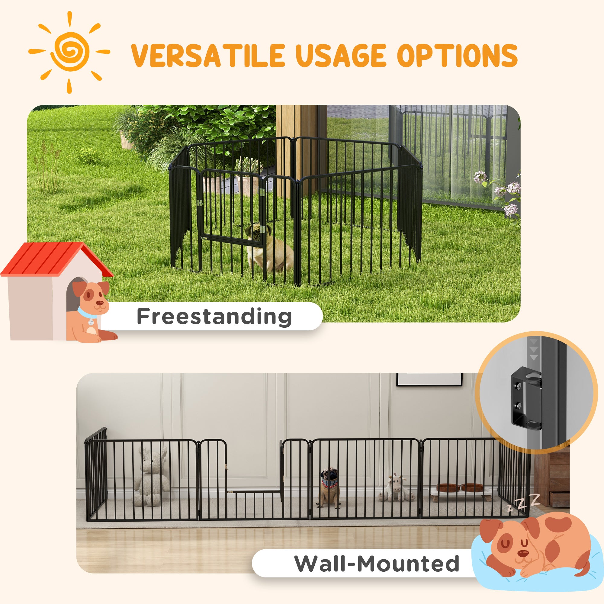 PAWHUT FENCE FOR 6 DOGS with 6 modular and outdoor modular panels, in steel, 164x83x60 cm, black - Borgè