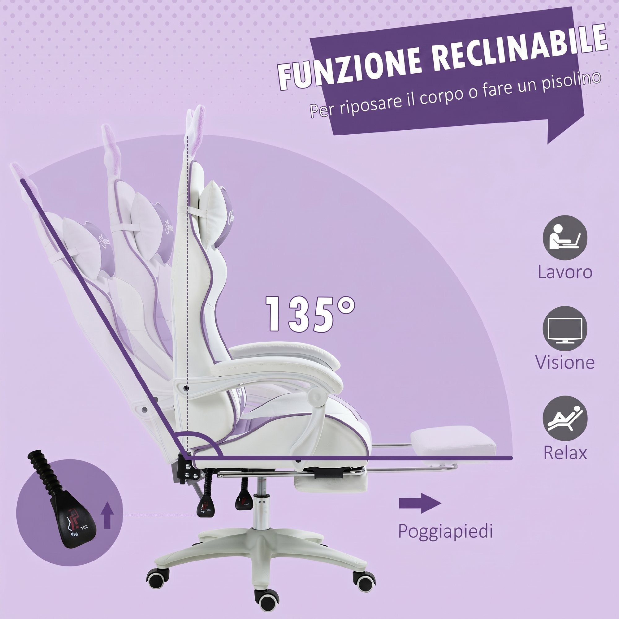 Vinsetto Gaming Chair with Rabbit Ears, Footrest, Cushions, Reclining and Adjustable Height, Purple