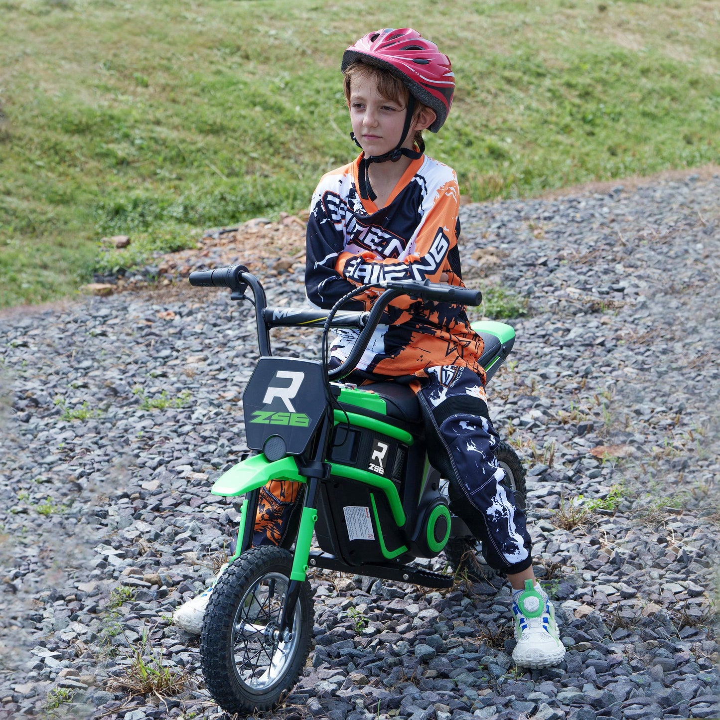 Electric Motorcycle for Children with Manual Throttle, 2 Speeds 8-16km/h, Age 8-12 Years, Green