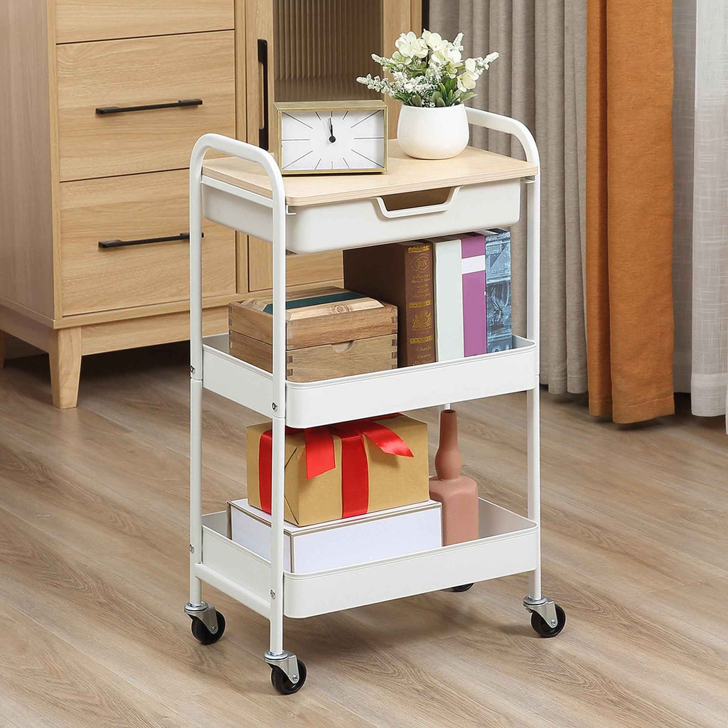 HOMCOM Multipurpose Kitchen Cart with Swivel Wheels, 2 Baskets, Drawer and Wooden Top, White
