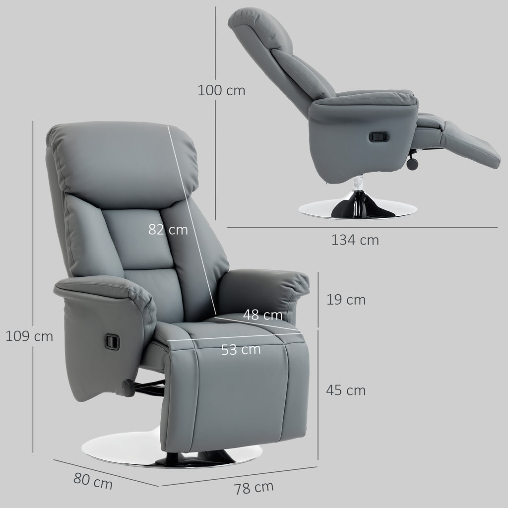 HOMCOM 130° Swivel Reclining Relaxing Chair with Footrest, Flared Armrests, Faux Leather, Grey
