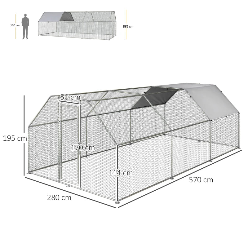 Waterproof Galvanized Metal Chicken Coop, Chicken Run with Door and Oxford Cover, 280x570x195cm - Borge' Group Limited