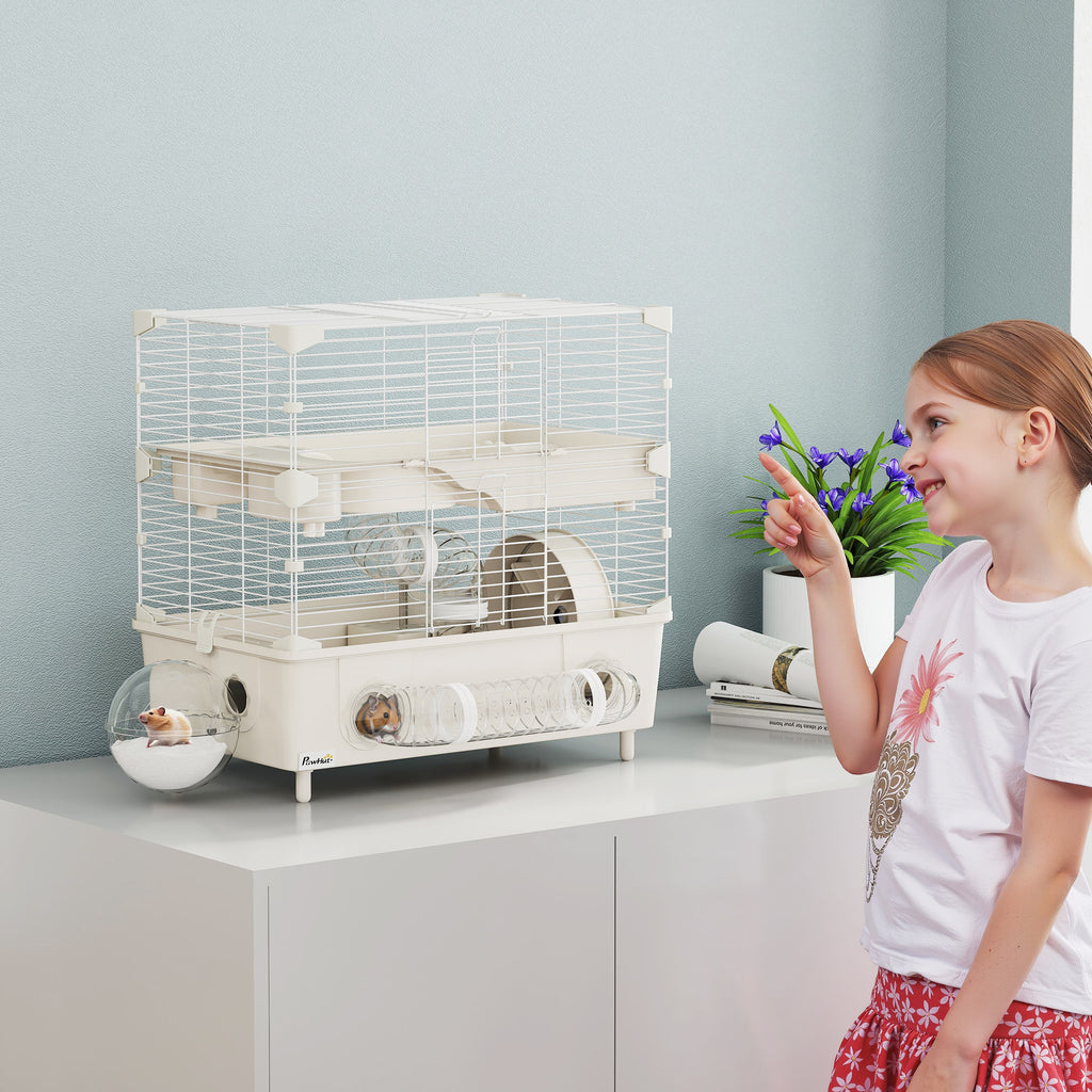 2-Tier, 3-Door Hamster Cage with Wheel and Tubes, Steel, PS and PP, 44.5x28x44 cm, Cream and White