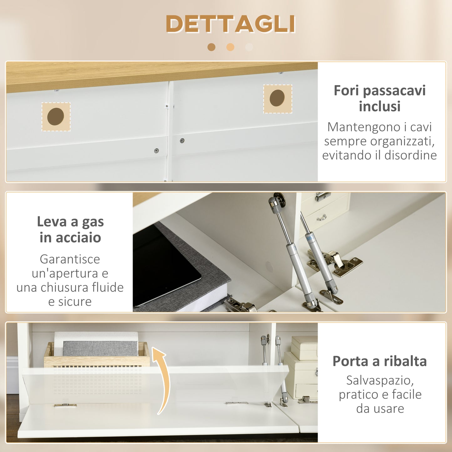 TV Stand up to 65" with Cabinets and Drop-Door in Chipboard, 140x37x45cm, White and Wood Color