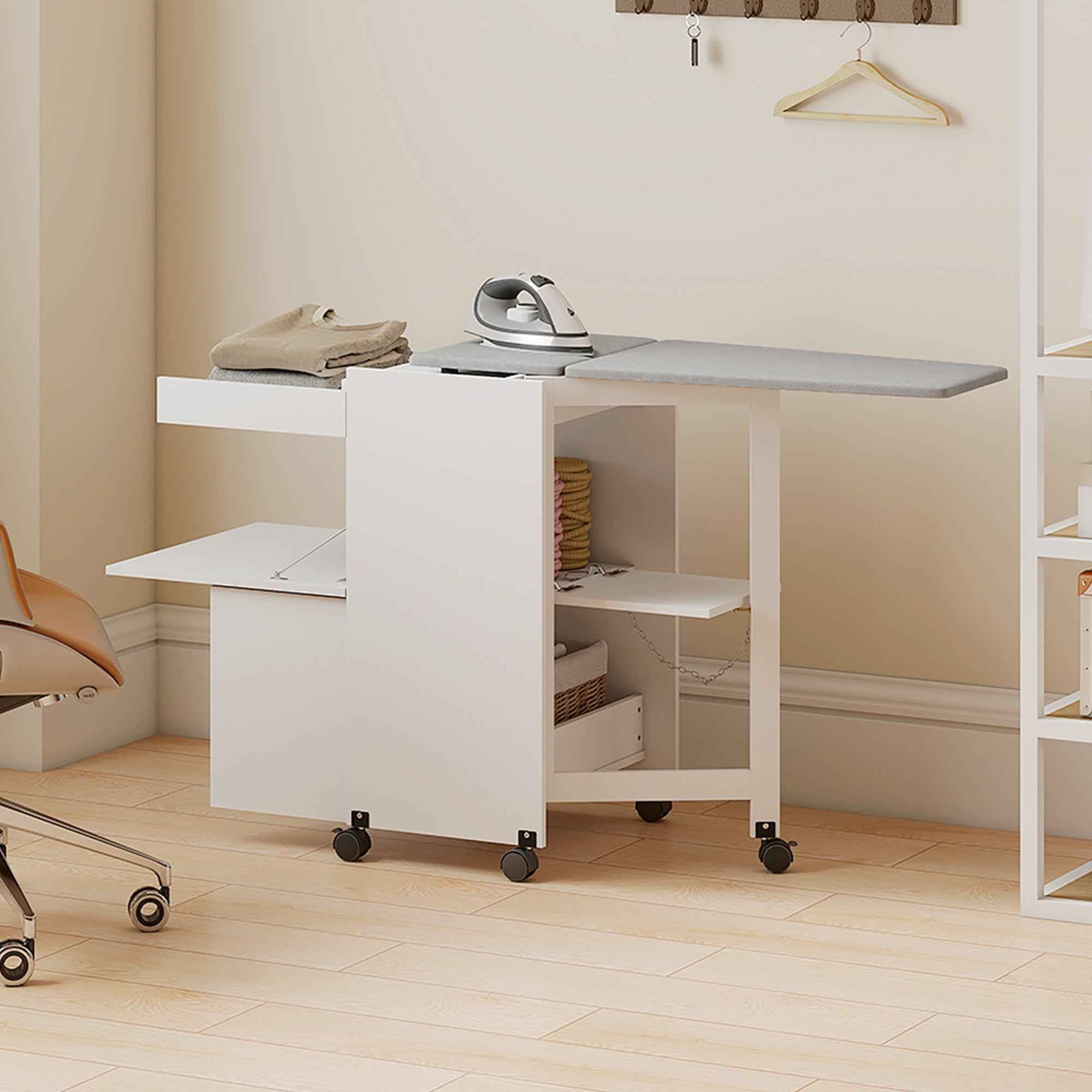 Folding Ironing Board with Storage, Space-Saving, White