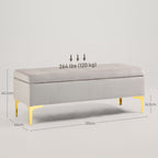 Ottoman Storage Bench with Velvety Fabric and Golden Legs, 120x44x44.5cm, Light Grey - Borgè