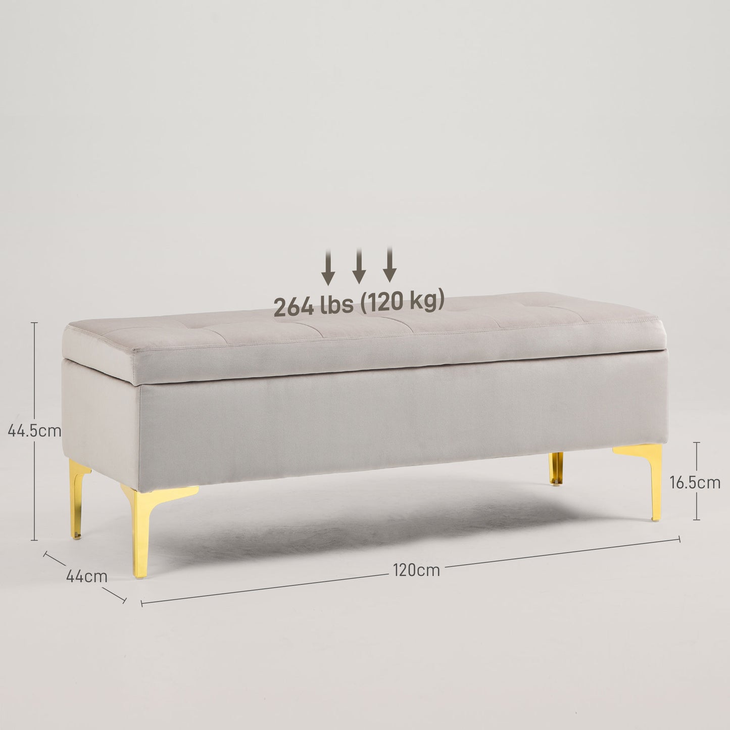 Ottoman Storage Bench with Velvety Fabric and Golden Legs, 120x44x44.5cm, Light Grey - Borgè